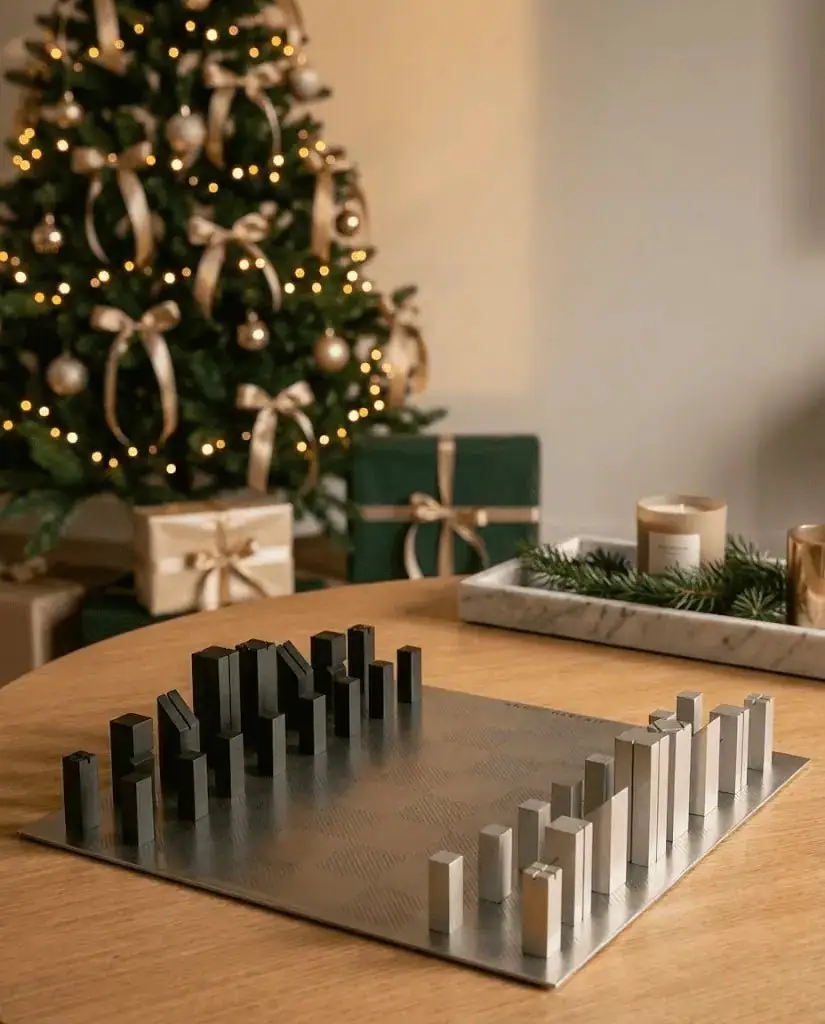 Idées cadeaux de Noël premium : le jeu d’échecs design en aluminium Angle Parfait